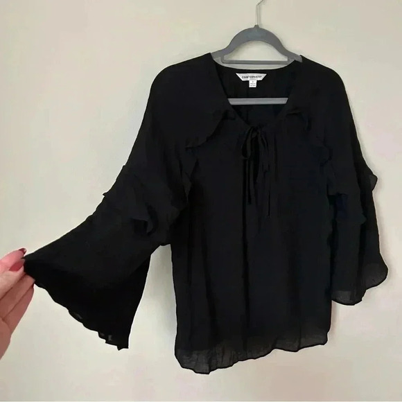 Counterparts Women’s Black 3/4 Sleeve Front Tie Flutter Blouse Top Size Small - Picture 2 of 5